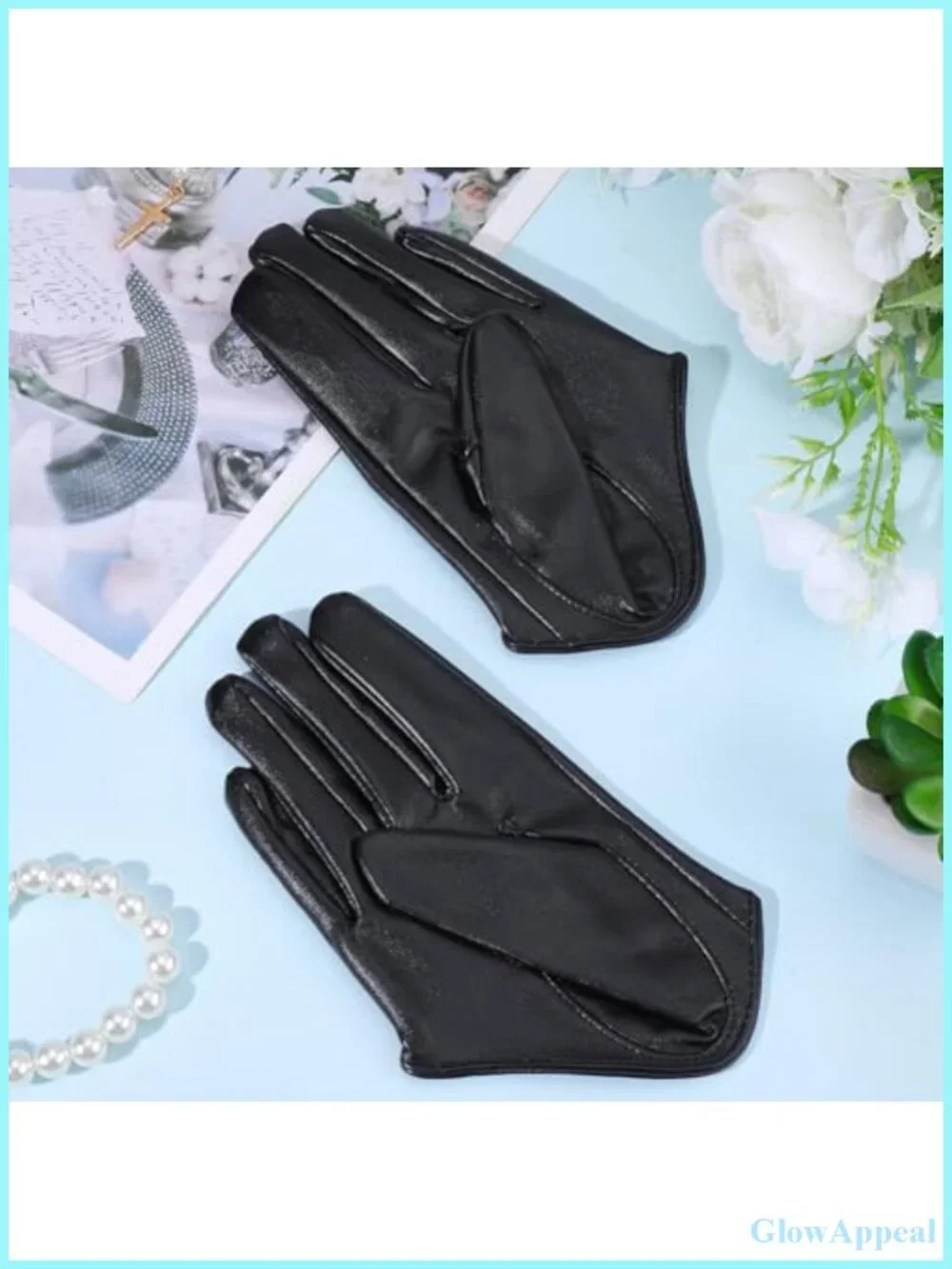 Women Faux Leather Dancing Wet Look Extra Short PU Leather Half Palm Gloves